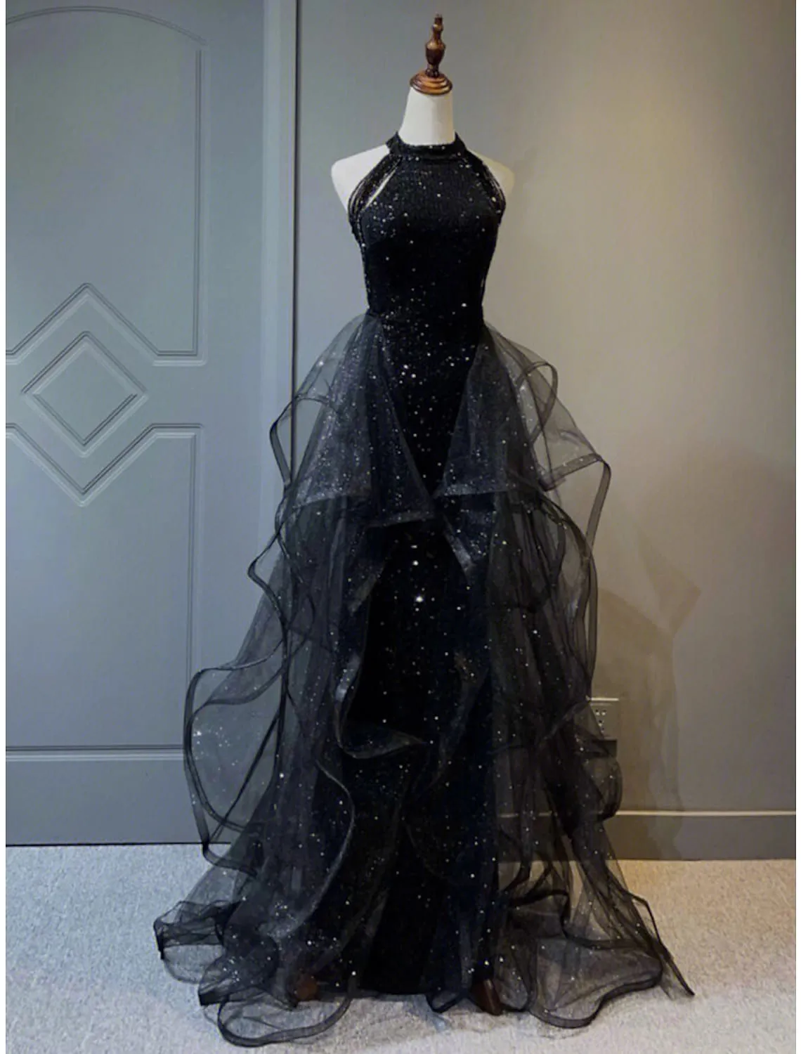 A-Line Prom Dresses Wedding Party Sleeveless Sequined with Ruffles