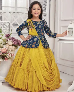 Blue floral vine printed & attached dupatta embroidered boat-neck 3/4th sleeve full-length gown