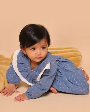 Blue unique motifs printed girl baby cotton frill-type frock with bishop-sleeve and round-neck