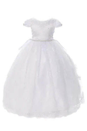 Girls White Cap Sleeve Beaded Trim Plus Size Communion Dress 20.5
