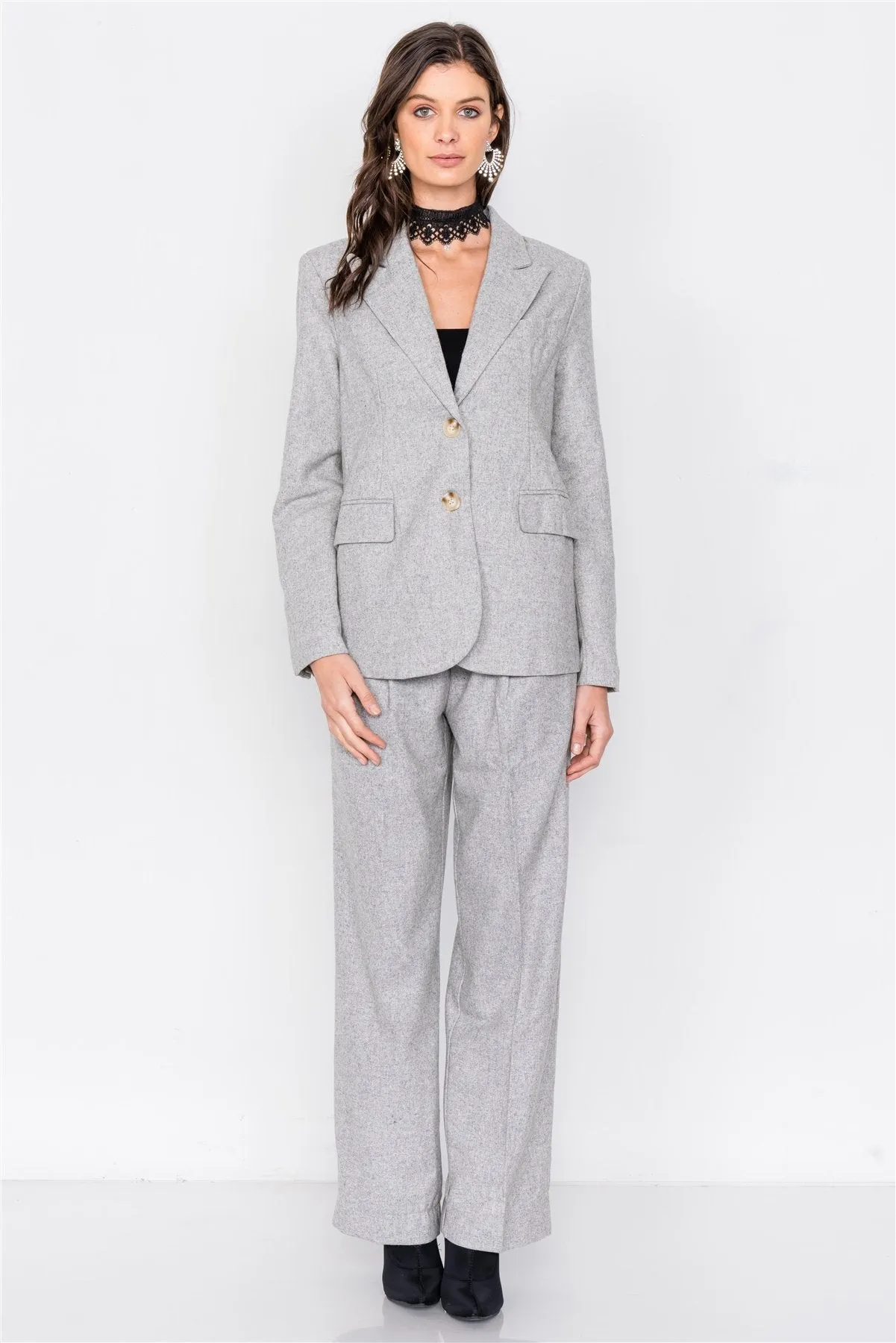 Grey Wool Blazer Office Chic Pleated High-waist Ankle Pant Set