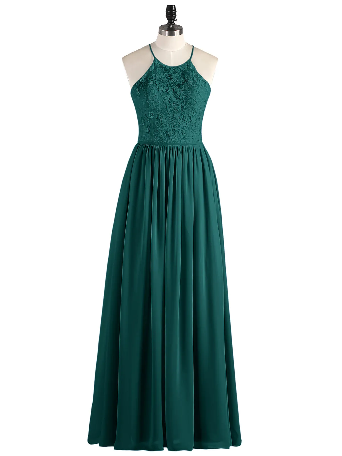Illusion Neck Lace and Chiffon Maxi Gowns-Peacock