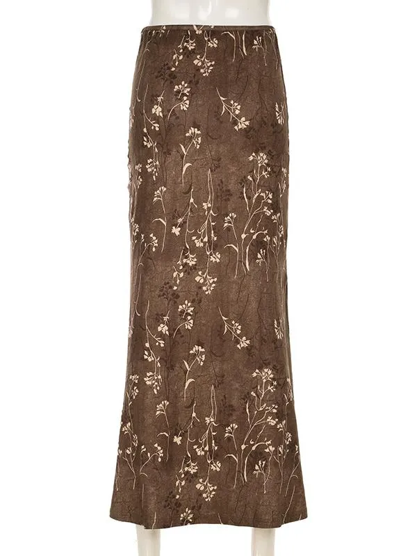 Milk Silk Branch Printed Side Slit Fishtail Skirt