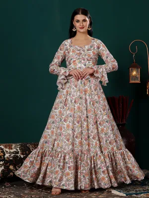 White Satin Digital Printed Gown